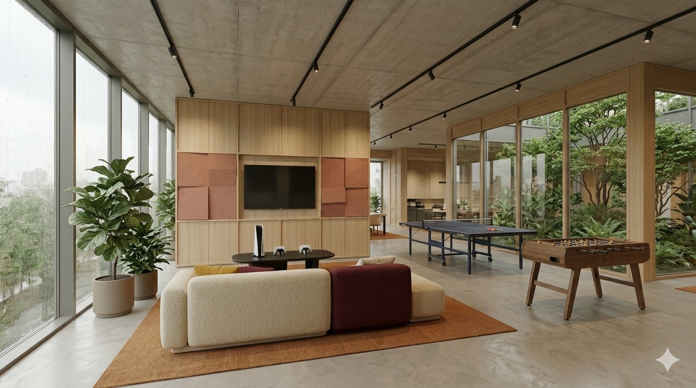 Sports and games lounge with an 85-inch screen, table tennis and foosball beside floor-to-ceiling glass